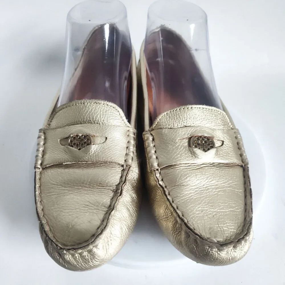 Coach Penny‎ Loafers Size 7 Logo Leather Slip On Flats Napoleon Metallic Gold